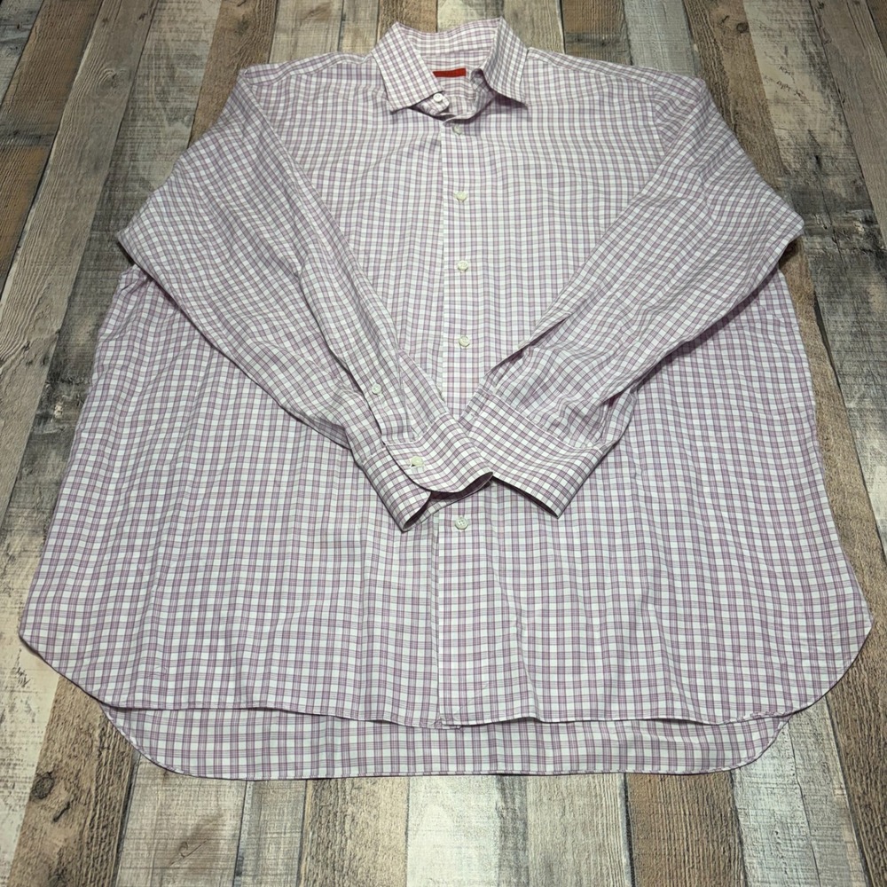 Isaia Napoli Button Down Shirt Mens 2XL Purple Check Handsewn Made in Italy